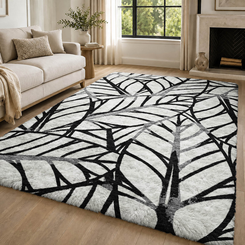 Tapis Dream Shag ADS744 de qualité supérieure, lavable à la machine et à motif floral, Noir, 5' x 7'6"