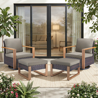 Bothwell 4-Piece Outdoor Conversation Set With Wicker Swivel Rocking Chairs And Ottomans