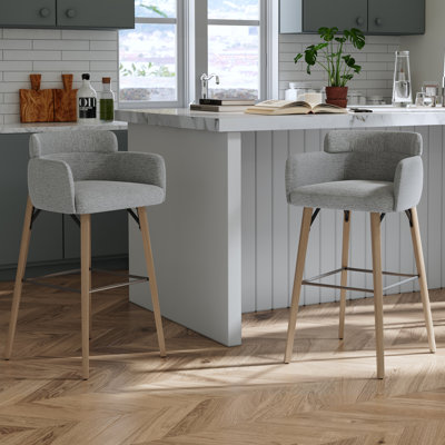 Modern 30" Bar Stool with Upholstered Barrel Back and Solid Wood Legs
