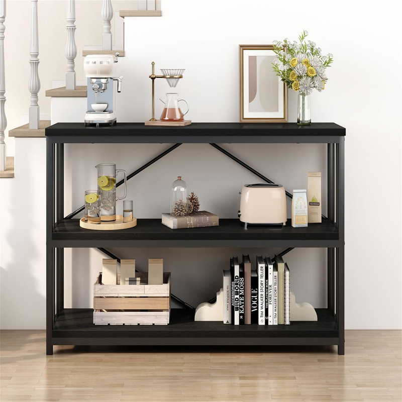 Metal Bookcase, (2 Shelves) 74cm. H x 120cm. W x 3cm. D, Black
