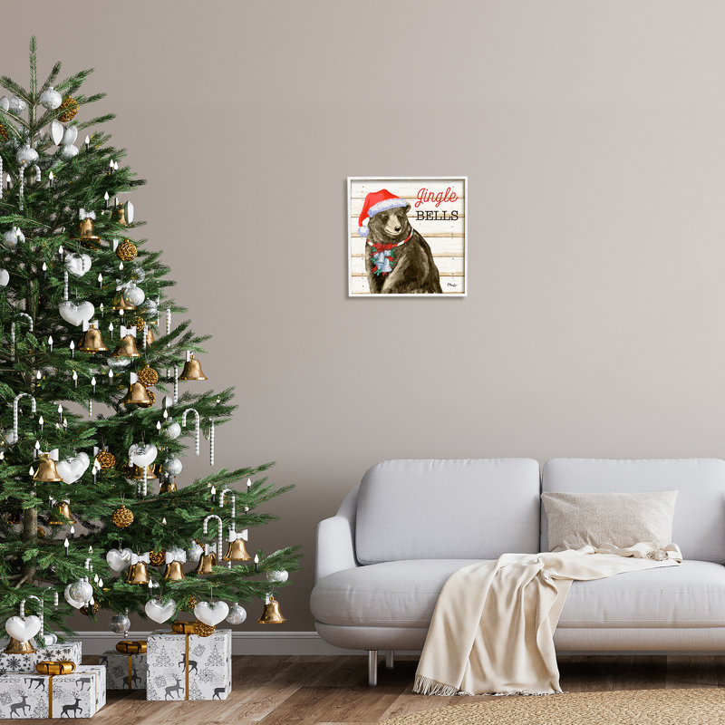 Rustic Jingle Bells Bear par Paul Brent, Giclée encadrée blanc bord de mer, H 17 po x l 17 po x P 1,5 po