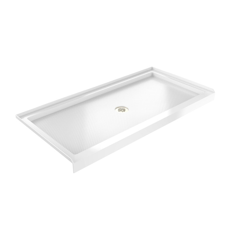DreamLine SlimLine 32 inch D x 60 inch W x 2 3/4 inch H Single Threshold White Alcove Shower Base with 2 inch Polished Brass Center Round Drain