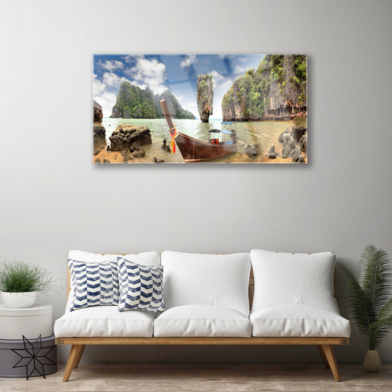 Glass Print Wall Art 100X50cm Image Printed On Glass Decorative Wall Picture Behind Toughened / Tempered Safety Real Glass For Kitchen & Living Room Theme: Boat Mountain Stones Landscape