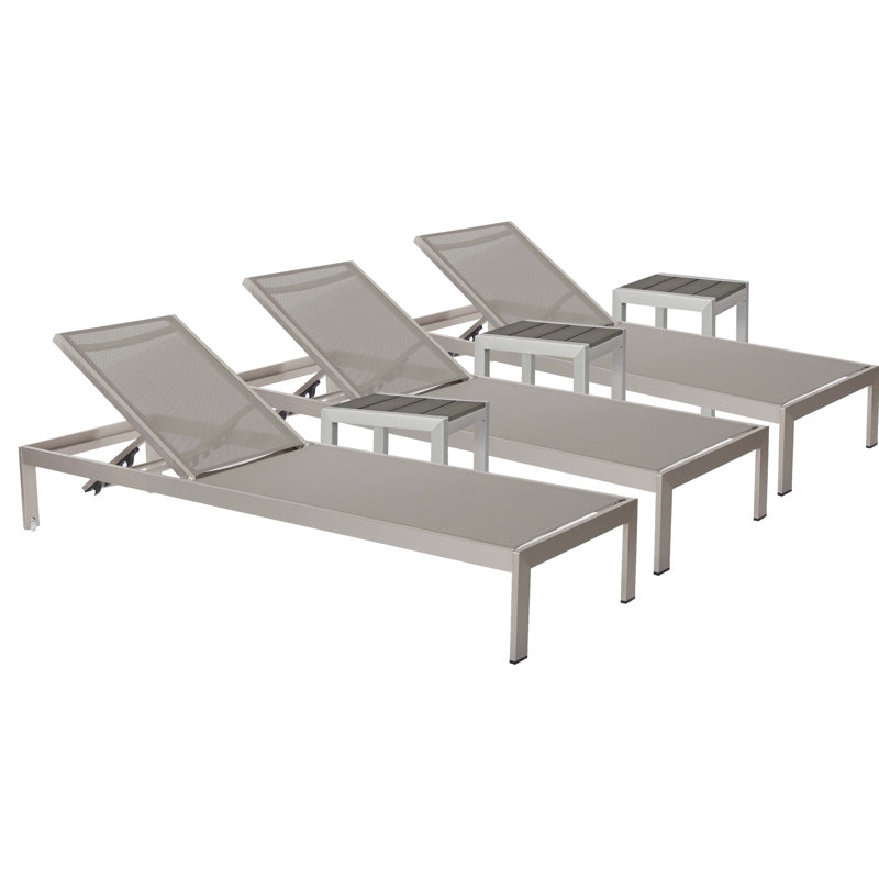 Aynura 6-Piece 76" Outdoor Reclining Chaise Lounge Set – 3 Aluminum Poolside Loungers with 3 Matching Side Tables, Quick-Dry Mesh & Hidden Wheels - Brush Grey