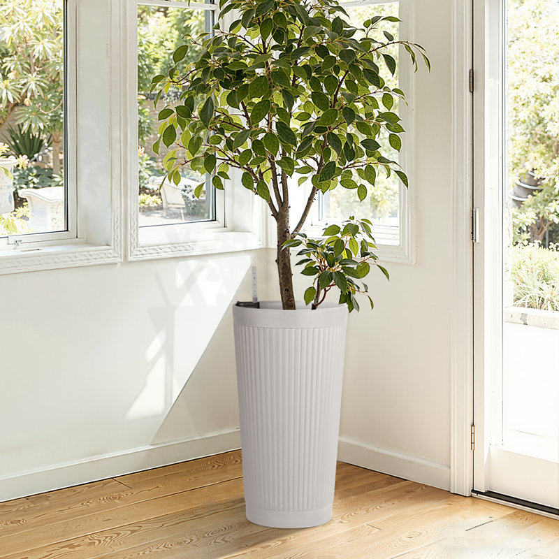 Grand pot de fleurs rond de 24 po de hauteur, pot de fleurs en plastique très grand rayé pour plantes d'intérieur et d'extérieur, pot de fleurs décoratif pour patio, porche et décoration intérieure