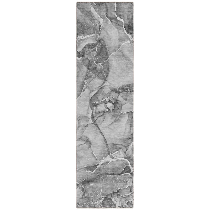 8' Runner Gray and Ivory Abstract Washable Non Skid Indoor Outdoor Runner Rug