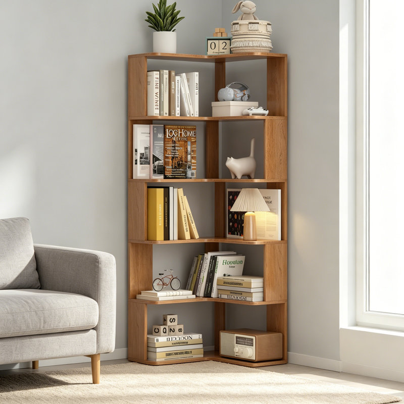6 Tier Freestanding L-Shaped Corner Bookshelf For Living Room, Bedroom, Wooden Bookcase With Anti-Drop Panle And Anti Tipping Device, Display Shelf Open Storage Rack Organizer For Home Office DARK OAK