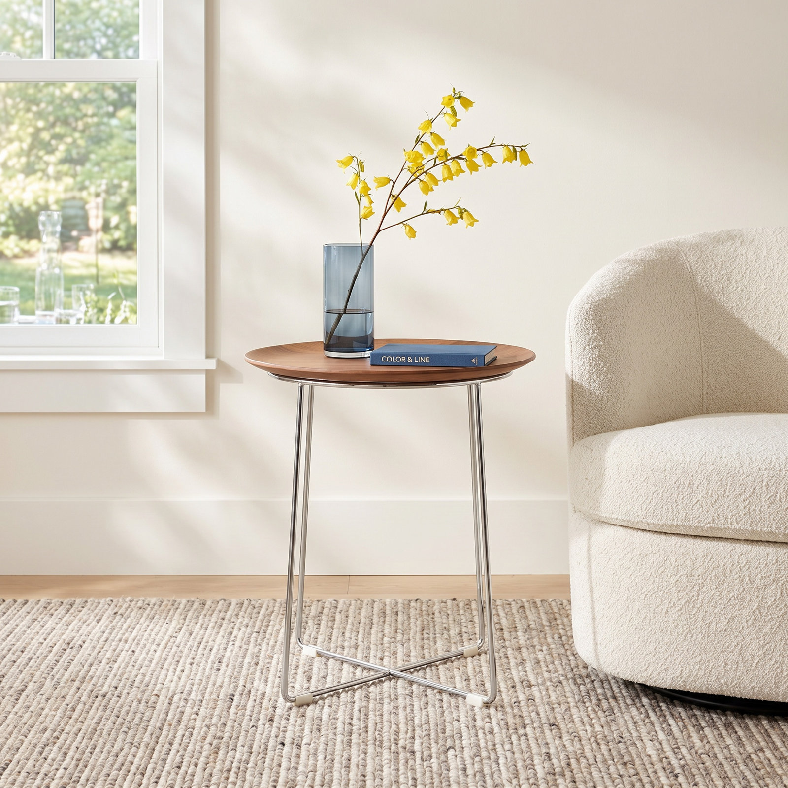 Al Solid Wood End Table, Light Wood, Chrome
