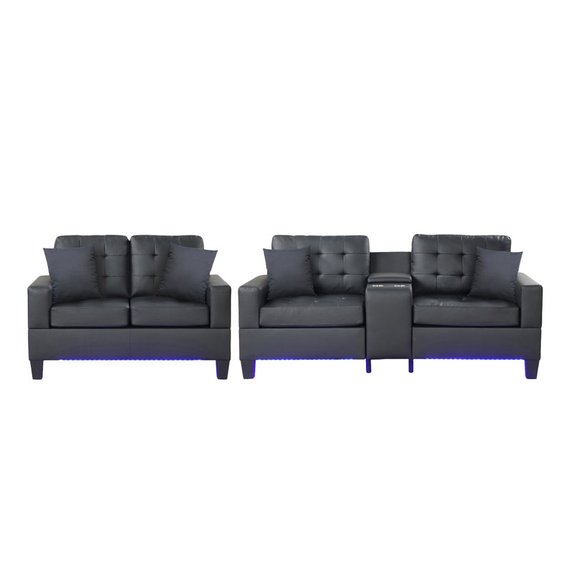 Ensemble de canapé-lit en tissu PVC noir Gemma avec lumières DEL, chargeur USB, console de rangement, porte-gobelets, coussins capitonnés