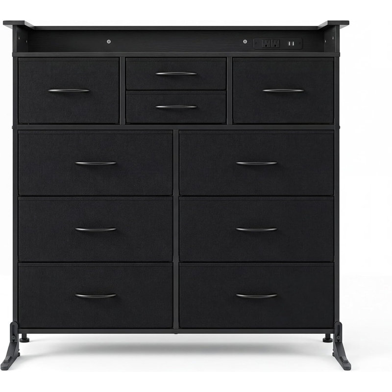 Commode noire à 10 tiroirs en tissu avec éclairage DEL et borne de recharge