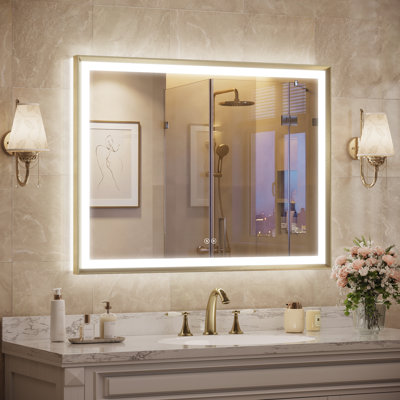 Miroir de salle de bain à DEL avec traitement antibuée, miroir mural rétroéclairé avec commande tactile et mémoire intelligente, verre trempé et cadre en aluminium biseauté pour lavabo, chambre, entrée.