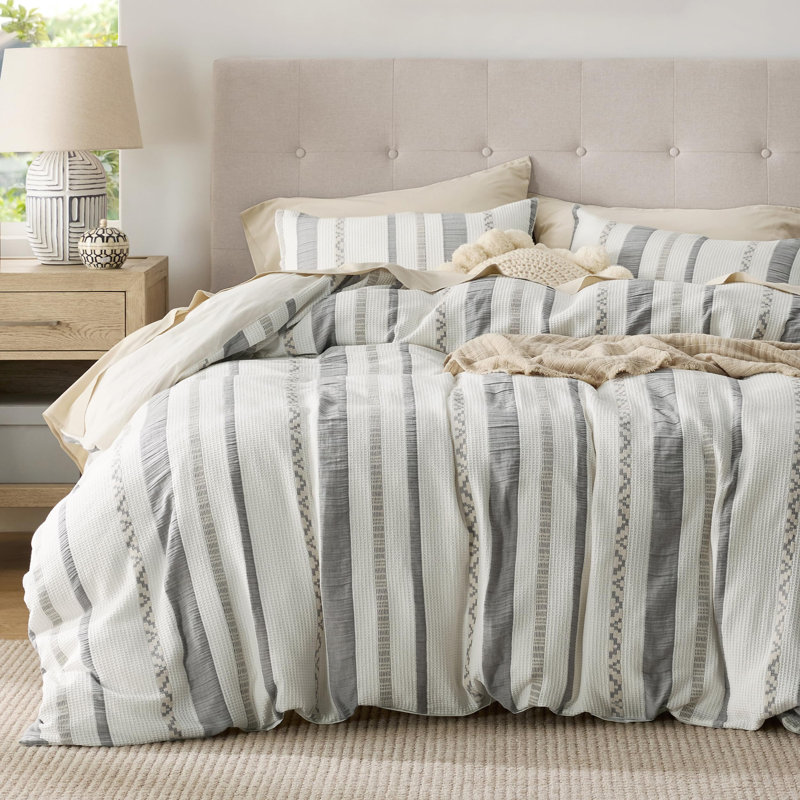 Cream White Cotton Queen Waffle Weave Duvet Cover Set