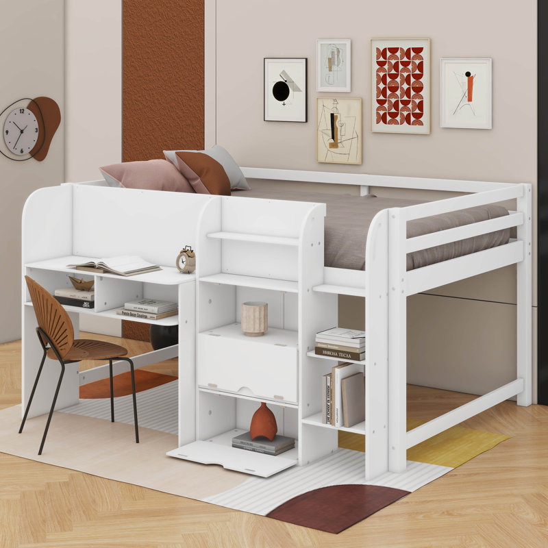 Full Size Low Loft Bed With Built-In Desk,Storage Cabinets And Open Bookcase,Whiteboard For Graffiti, White