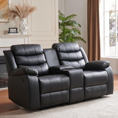 Causeuse inclinable manuelle en similicuir Lacreta Humes, canapé inclinable 2 places avec console centrale et porte-gobelets, canapé de cinéma maison inclinable pour le salon