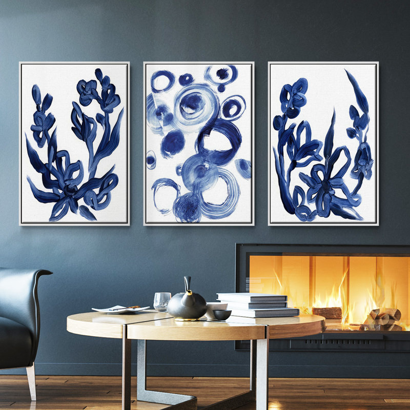 Indigo en fleurs I 3 pièces, Cadre blanc, H 27 po x l 54 po