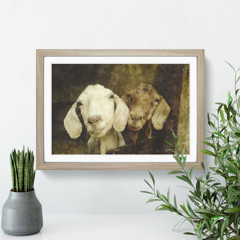 Pair of Goats - Picture Frame Painting, Oak Framed, 48cm H x 65cm W x 2cm D