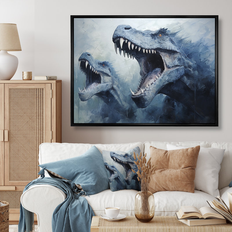 Ancien dinosaure bleu et gris II - art de mur de dinosaure, Cadre flottant noir, L 34 po x H 44 po x P 1,5 po
