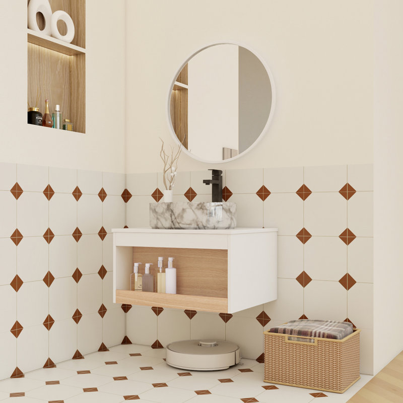 Meuble-lavabo flottant 24 po avec lavabo vasque en marbre veiné gris, meuble-lavabo mural avec tablette ouverte, finition blanche avec décor en bois, conception moderne peu encombrante (livré dans 2 boîtes)