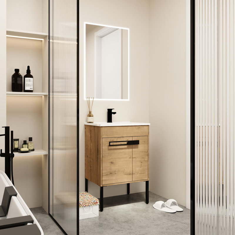 Lavabo pour armoire de salle de bain 24 po - Deux options d'installation: Céramique à porter et à déchirer, Chêne