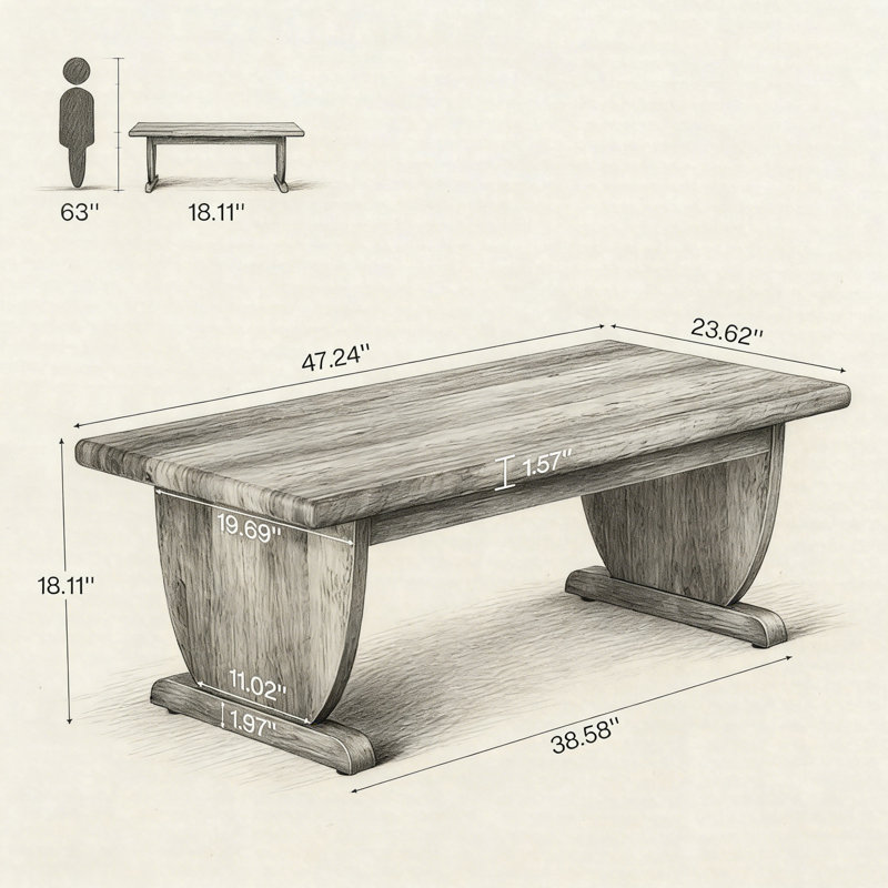 Table basse rectangulaire en bois rustique avec base à piédestal 47,2 po