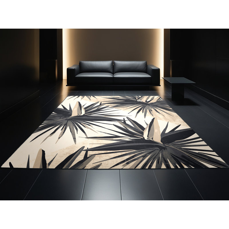 Machine Washable Oyan Heliconia Tropical Starburst Rug in Beige – Black Binding, 3' Square