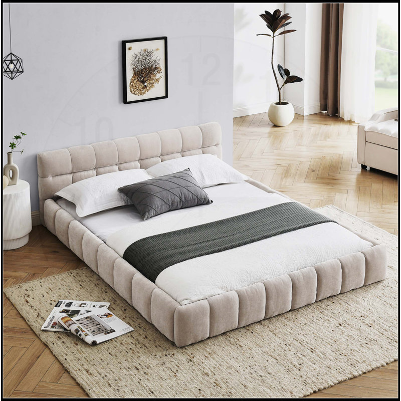 Lit plateforme tapissier luxueux avec tête de lit pour un confort ultime, Beige