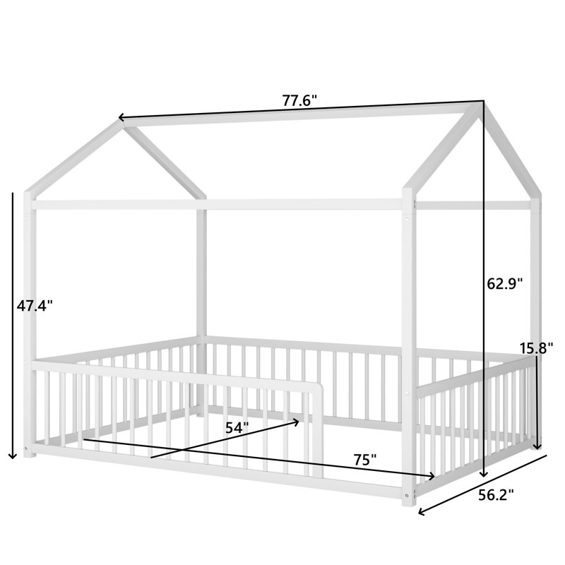Metal Canopy Bed Floor House Bed With Fence, White, Full