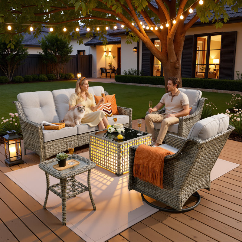 Daliya Wicker 5 - Person Patio Conversation Set with Cushions, Light Gray