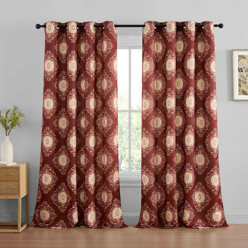 Liam Ogee Ikatt Damask Patterned Window Grommet Curtains Bedroom - Light Blocking Darkening Window Panels, Set of 2 