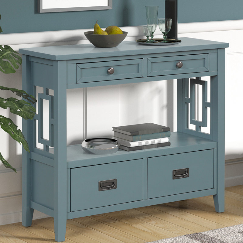 Console de style rétro avec 4 tiroirs et tablette, bleu - bois massif 36 "1 brillance