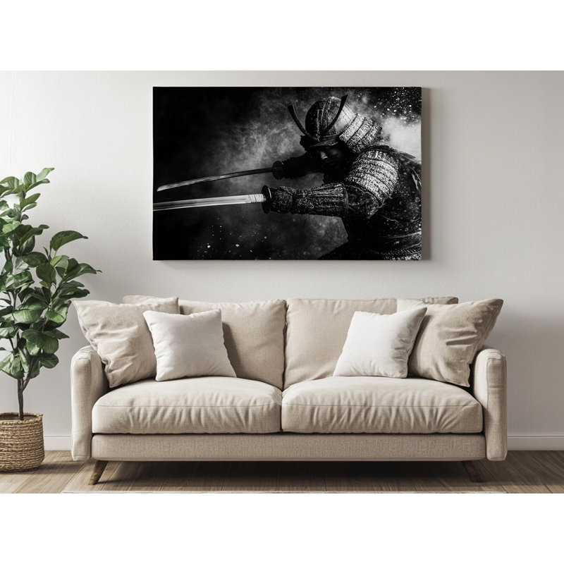 Reproduction sur toile de haute qualité en noir et blanc d'un Samouraï - Art mural - Art - cadeau, H 24 po x l 36 po