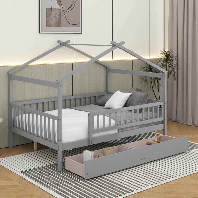 Lit double en bois avec tiroirs, Grey