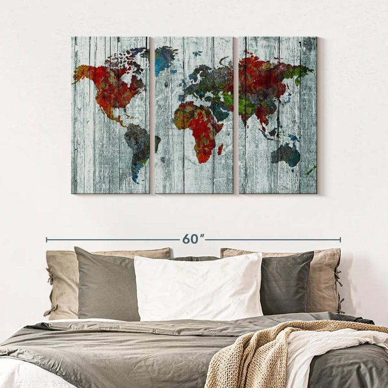 Artisanal carte du monde, reproduction d'art sur toile, H 50 po x l 32 po x P 1,25 po