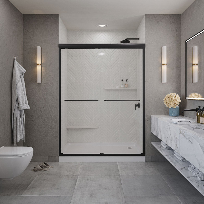 Strada 44 - 48 x 76 "Porte de douche coulissante sans cadre 3/8" en verre trempé transparent, Noir mat
