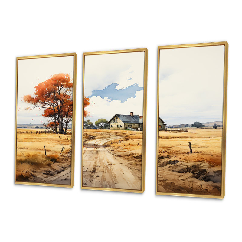 Maison de campagne en automne Wheatfield II - ensemble d'art mural paysage, Cadre flottant doré, H 32 po x l 48 po x P 1 po