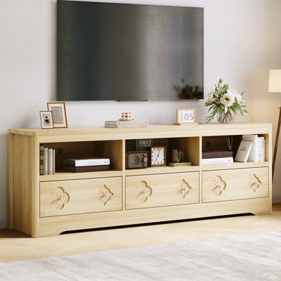 Mid Century Modern TV Stand 70 Inch - Carved Drawer, Open Shelves, Storage Cabinet - Fits TVs Up to 85" - Farmhouse Media Console Table for Living Room/Bedroom - Natural Wood Color, 178cm