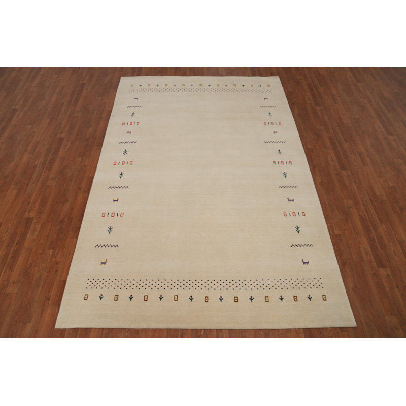 Tapis beige en laine fabriqué à la main de style Gabbeh 7 x 10