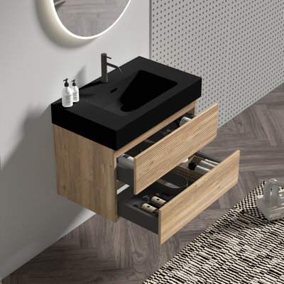 Meuble-lavabo mural 30 po avec lavabo à quartz en chêne et tiroirs souples, meuble-lavabo mural flottant