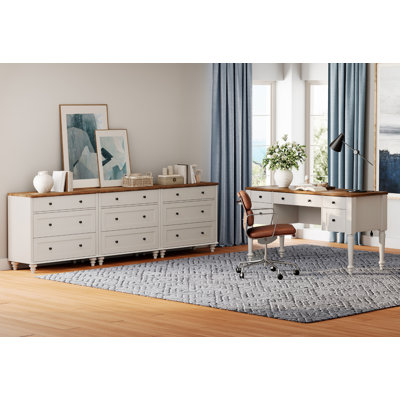 55.9'' Farmhouse Style Desk And Wooden Dresser Combo Set, Mid Century Modern Wooden Storage Organizer With 9 Drawers, Wood Office Desk For Home Office, Living Room And Bedroom, White