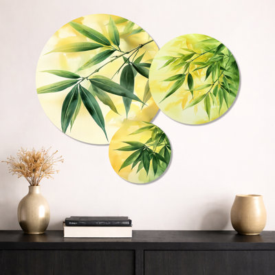 Feuilles de bambou vertes et vertes en Afrique I - ensemble de 3 panneaux d'art botaniques en métal