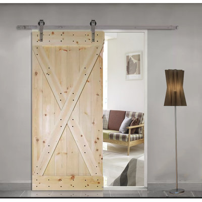 Porte de grange à panneaux en bois sans finition avec kit de quincaillerie d’installation