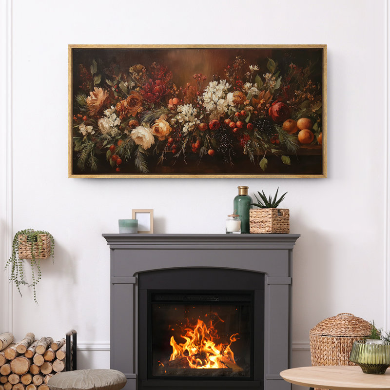 Large Framed Canvas Print Wall Art - Moody Floral Print for Dark Academic Holiday Decor, 30" H x 60" W, Natural