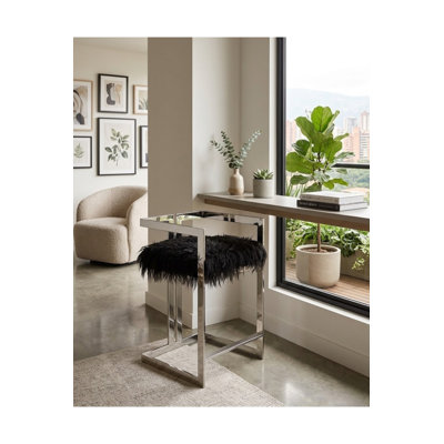 Pangea Home Kenzie Counter Stool Faux Fur – Modern Upholstered Counter-Height Seating with Steel Metal Legs - Faux Fur Counter Stool- Kitchen, Dining, Bar, and Events- Black and Silver Counter Stool