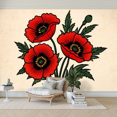 Peel and Stick Wallpaper 96" W x 69" H Modern Self Adhesive Wall Mural for Bedroom Red Flowers Botanical Green Leaves Vintage Paper