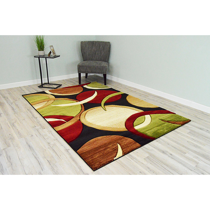 Tapis noir / vert / brun à motif abstrait Mccampbell, Rectangle 5 pi x 7 pi