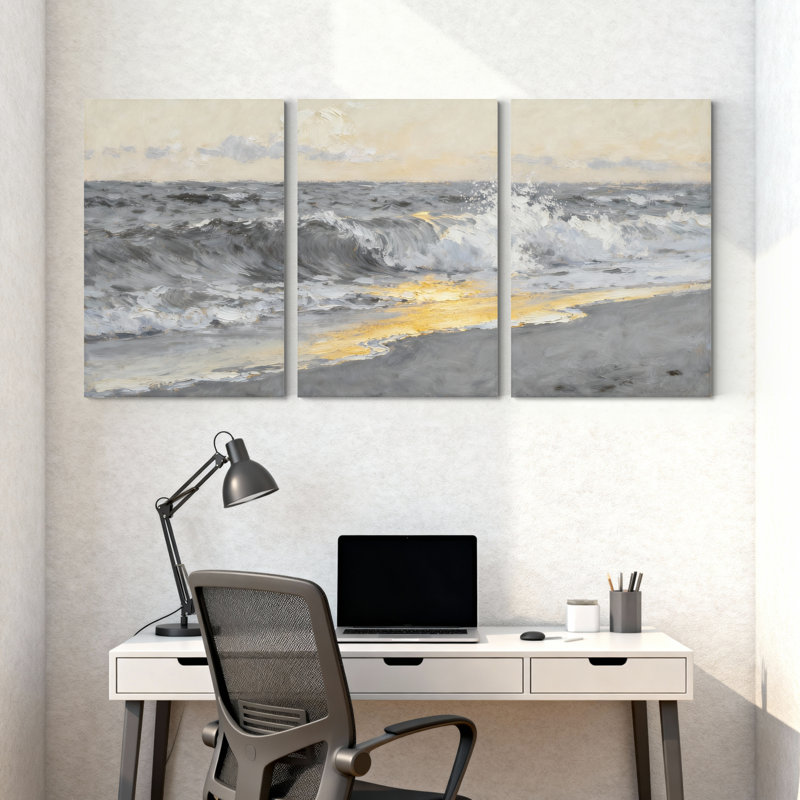 Ensemble de 3 tableaux muraux imprimés « Vagues de l'océan au coucher du soleil », H 18 po x l 36 po
