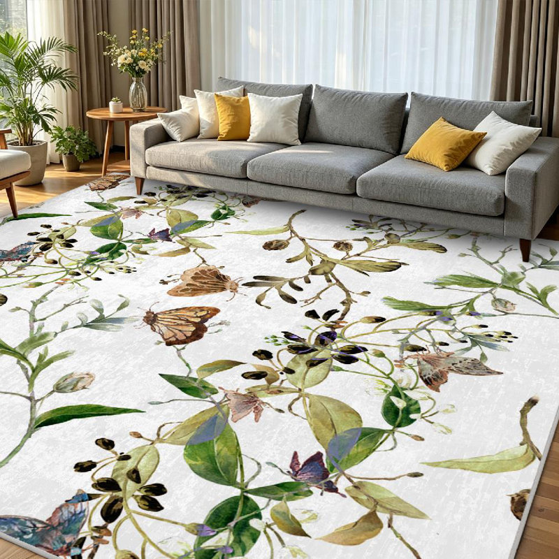 Green Colorful Abstract Watercolor Painting Leaf Flowers Tropical Machine Washable Indoor Area Rug, Rectangle 79" x 118"