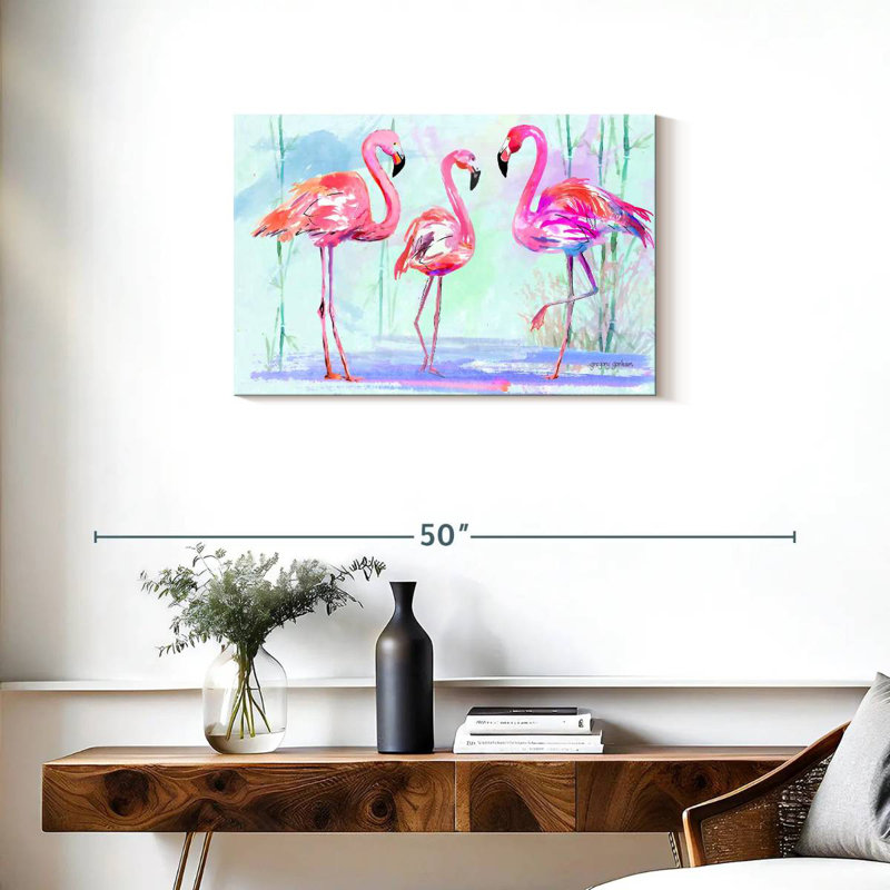 Trio flamant rose Brampt sur fond bleu, H 20 po x l 30 po