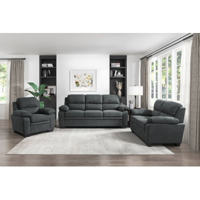 Modern 3-Piece Textured Fabric Living Room Set with High-Density Foam, Pocket Coils & Exposed Black Faux Wood Legs by Latitude Run