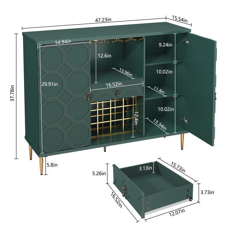 Grande armoire à café 47,23 po avec porte-bouteilles Buffet Table pour la maison, Honeycomb Carving Modern Design, Vert